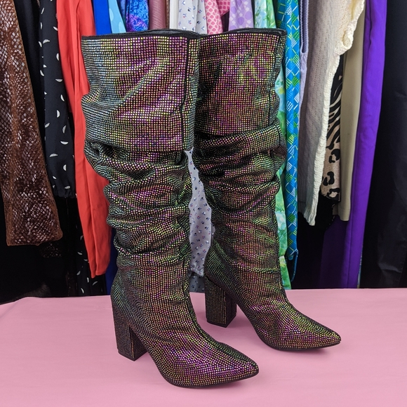 Missguided Shoes - Rainbow rhinestone slouchy high heel boots